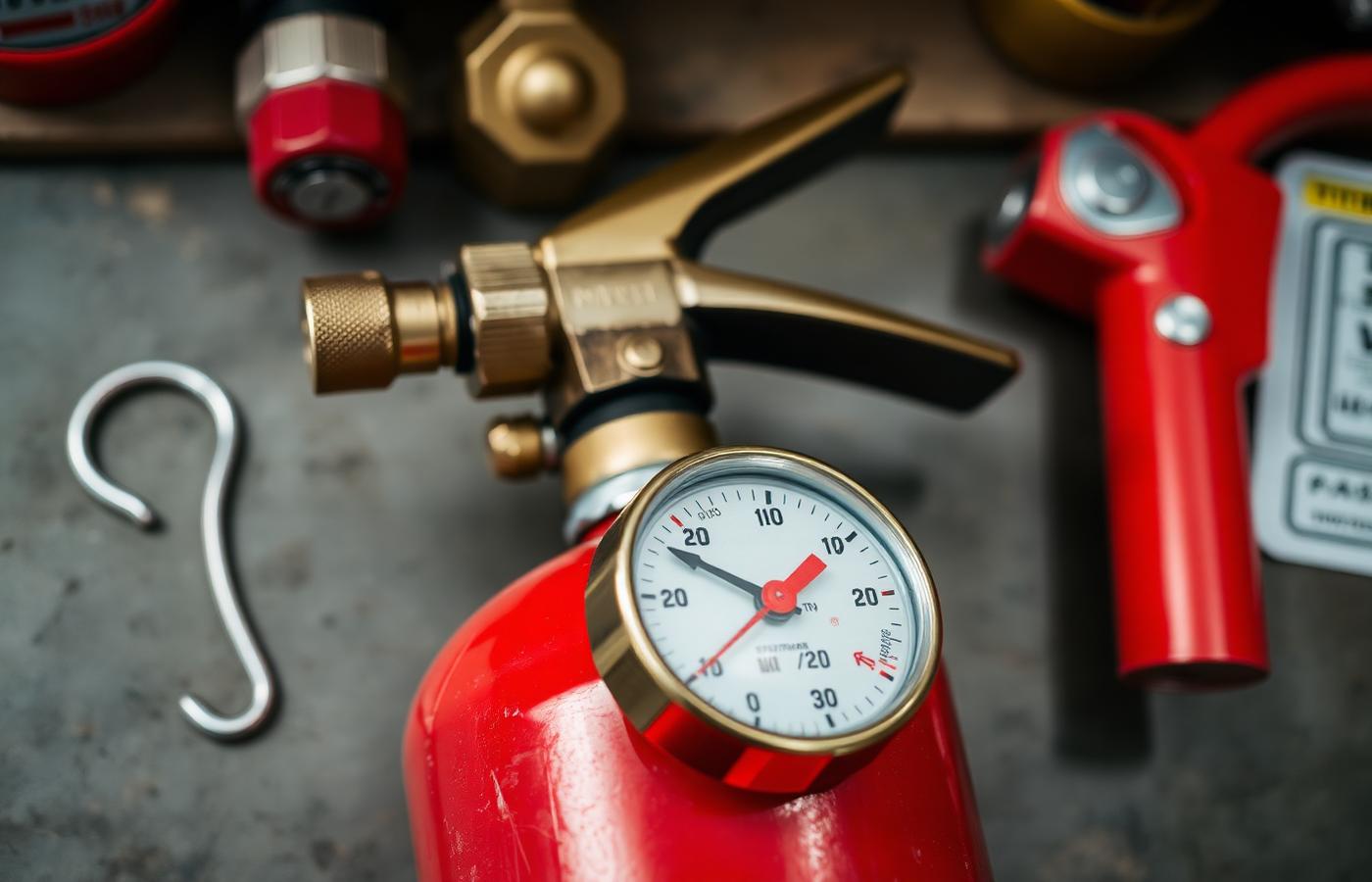 Komponen APAR: valve kuningan, pressure gauge, nozzle, dan safety pin